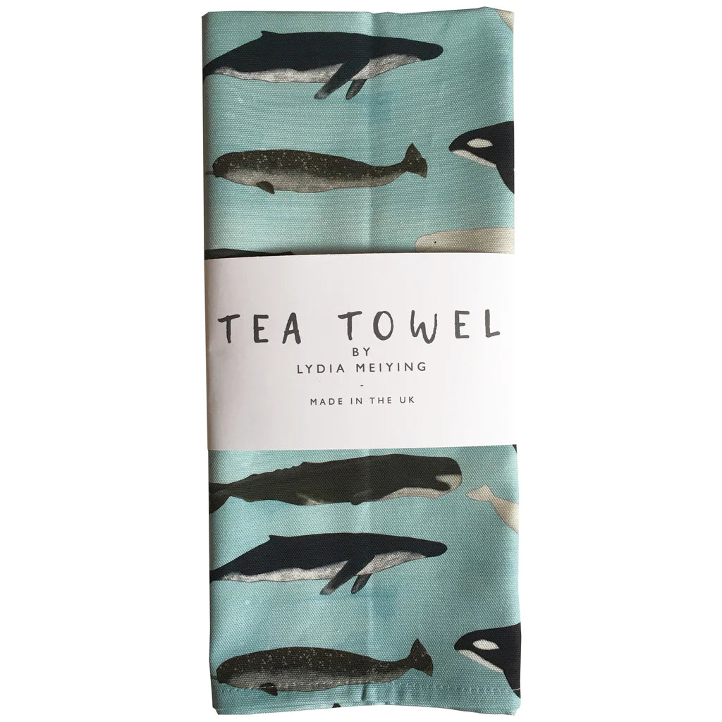 Tea towel with whale pattern and 'Tea Towel by Lydia Meiying' text on a white background