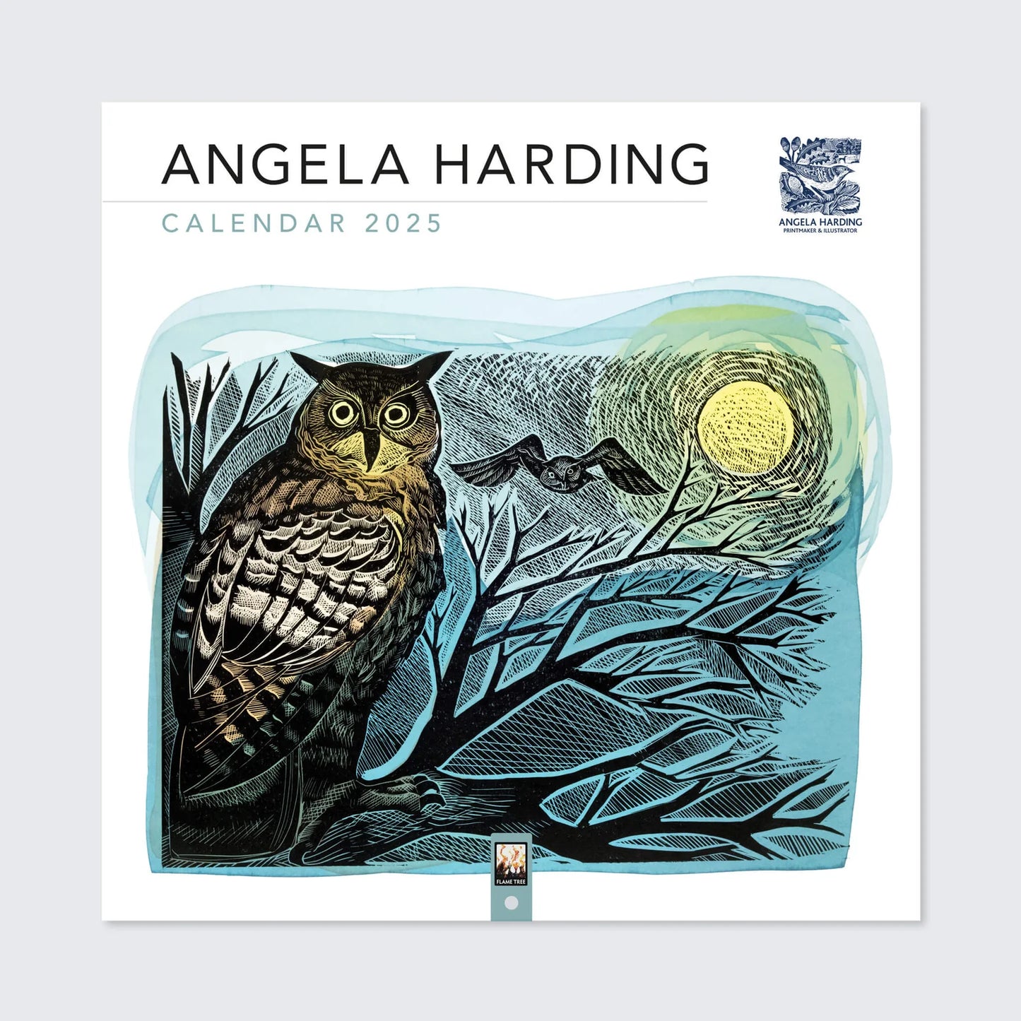  A 2025 calendar featuring artwork by Angela Harding. The cover image is a linocut print of an owl perched on a branch with a full moon in the background. 