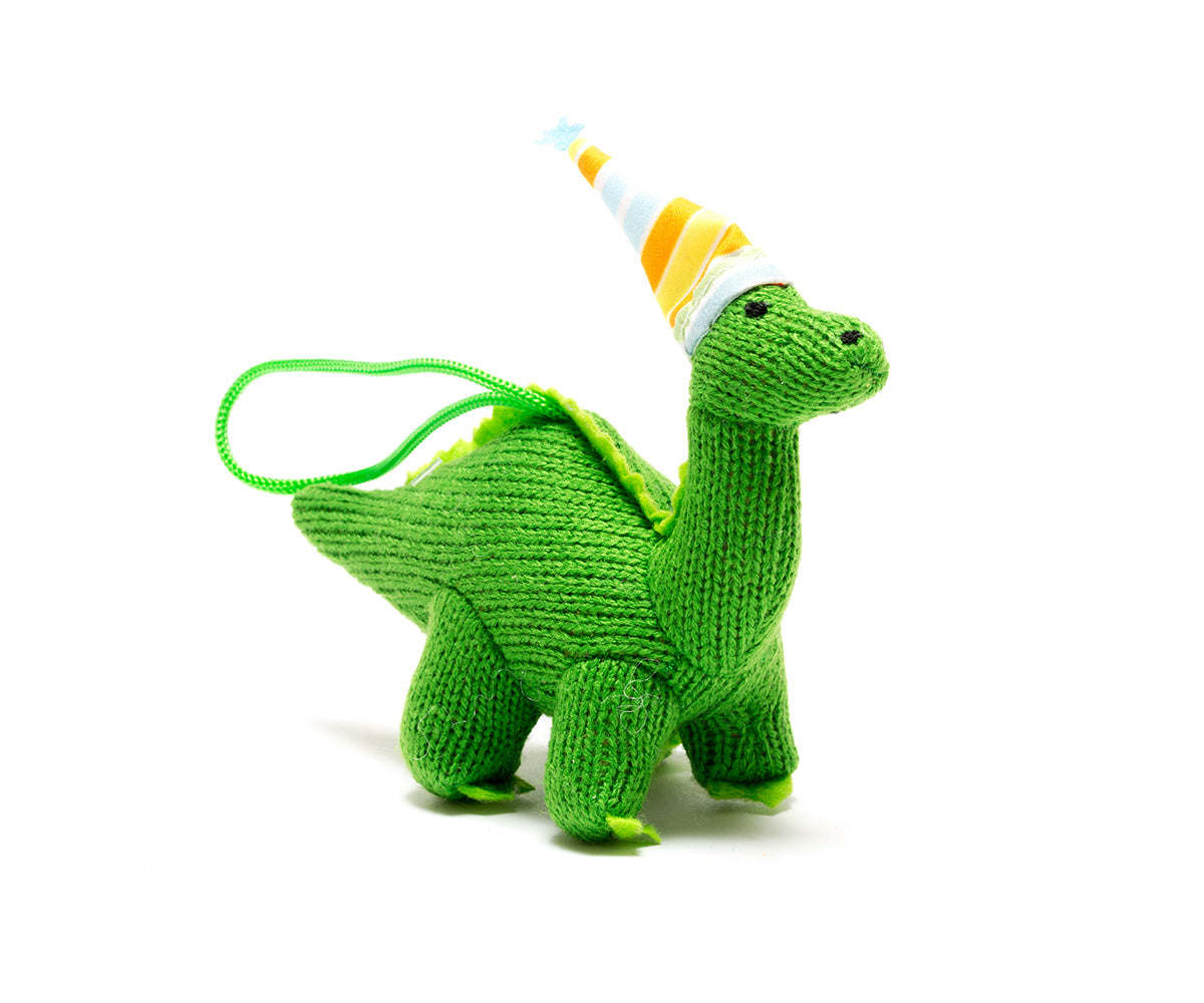 Green knitted diplodocus decoration wearing a party hat.