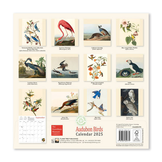 A 2025 Audubon Birds Calendar featuring illustrations from the Fitzwilliam Museum in Cambridge. The calendar includes a grid for September through December and features various bird species, such as herons, puffins, owls, and flamingos. The back cover includes information about the publisher and the calendar, as well as a barcode and the FSC certification logo.