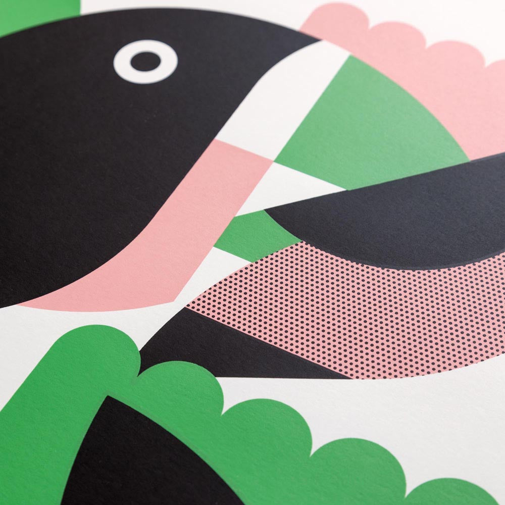 Close up of abstract bird design with geometric shapes in black, green, pink, and white.