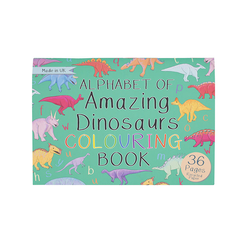 Colouring book cover featuring illustrations of dinosaurs
