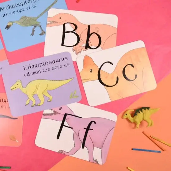A series of dinosaur flash cards on a red and orange surface
