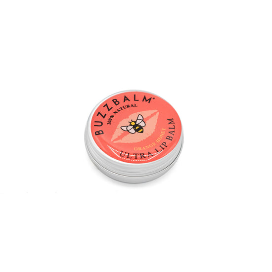 Silver circular tin with pink label. The label has Buzzbalm's logo and a picture of a bee. 