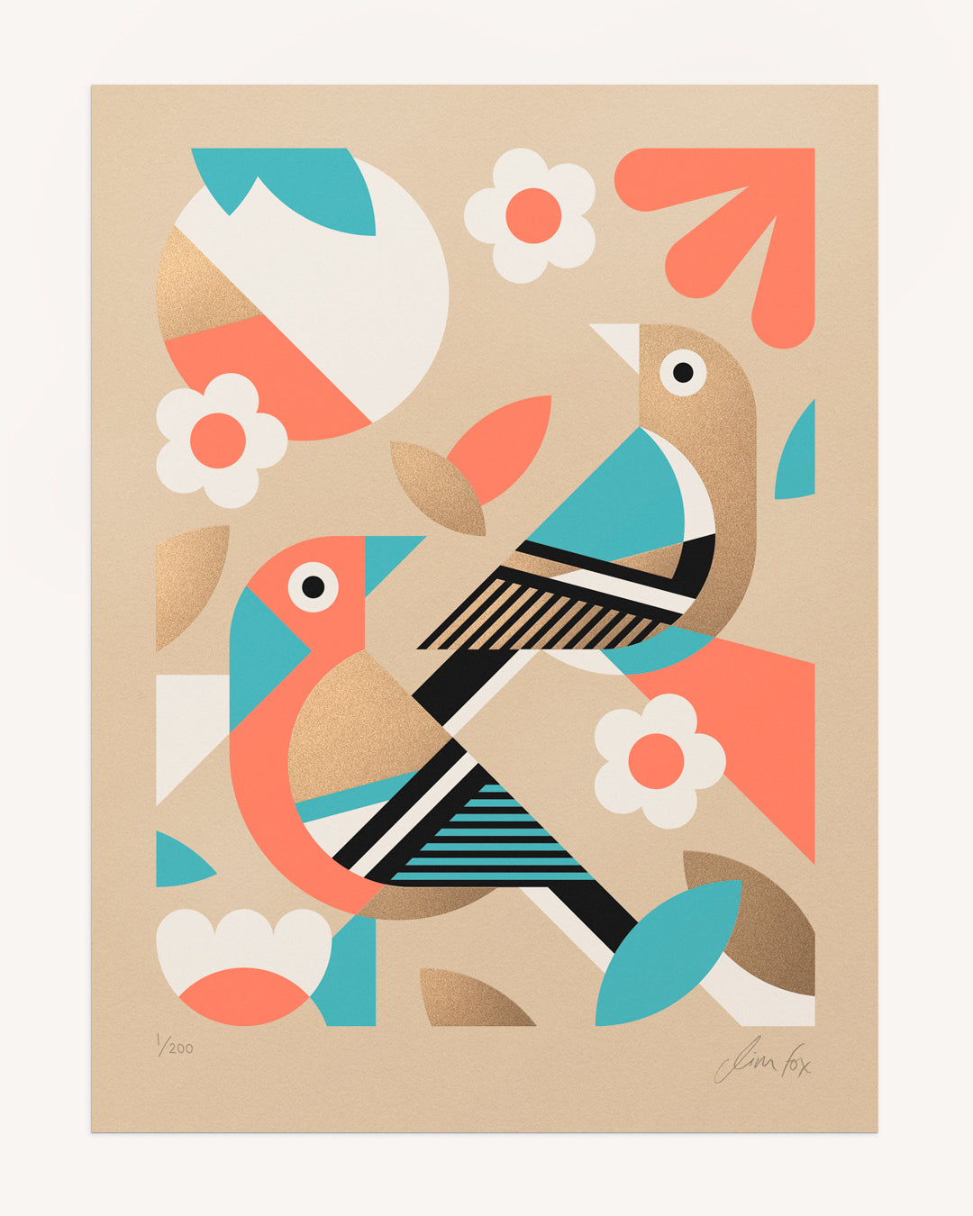 Colorful abstract art print with birds and geometric shapes on a beige background