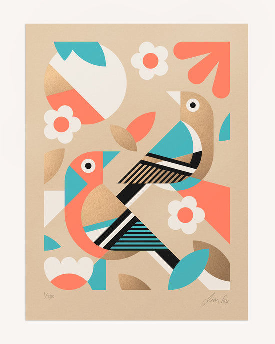 Colorful abstract art print with birds and geometric shapes on a beige background
