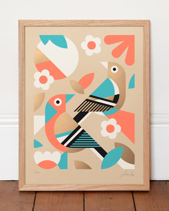 Framed abstract artwork with colorful birds and flowers on a beige background