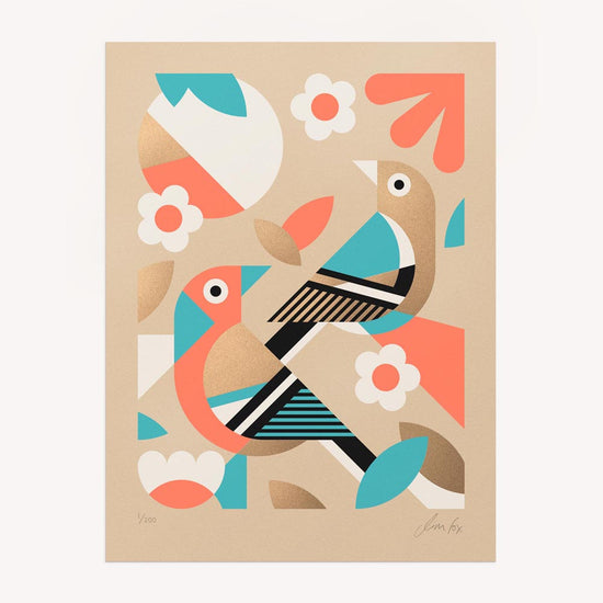 Colourful abstract art print with birds and geometric shapes on a beige background