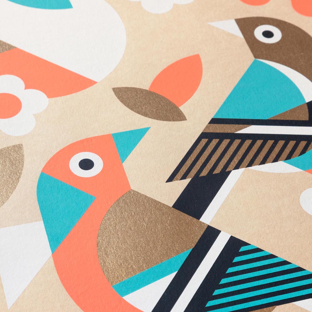 Colourful geometric pattern with birds on a beige background
