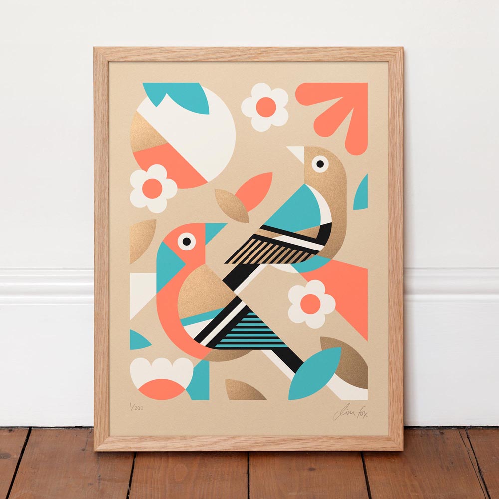 Framed abstract artwork with colourful birds and flowers on a beige background