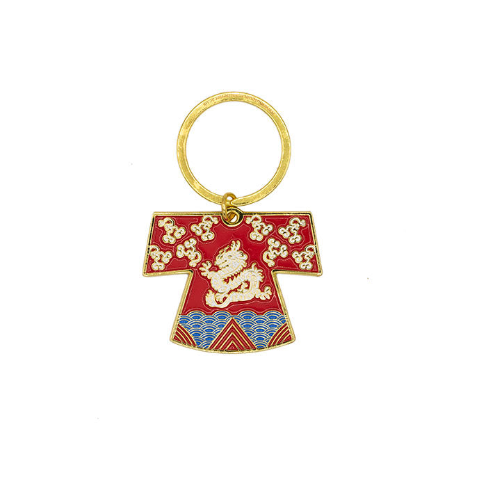 Keyring in the shape of a red robe with a dragon on it.