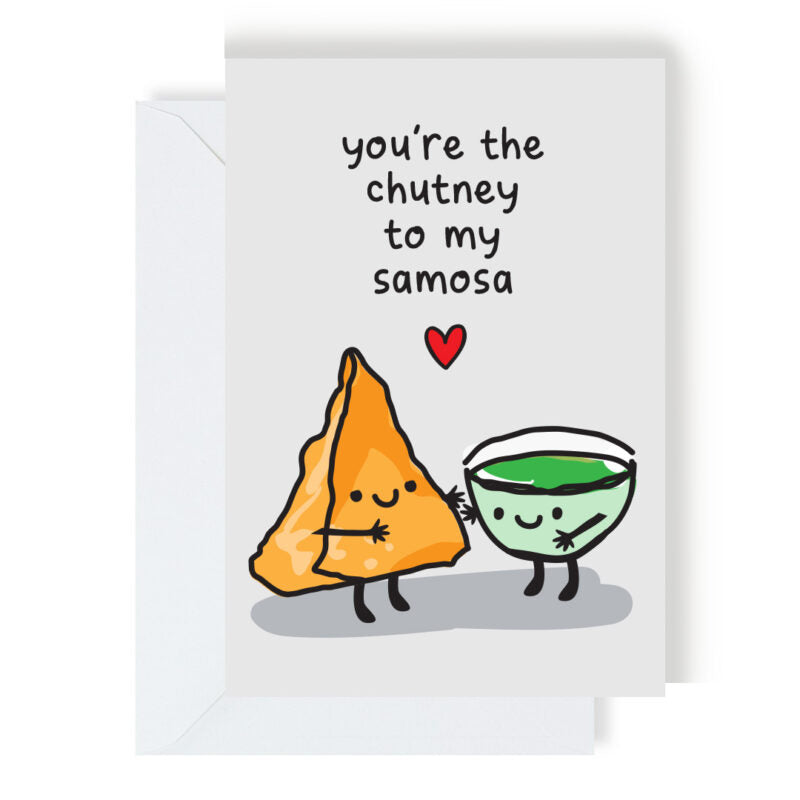 Greetings card with an illustration of samosa and chutney hugging