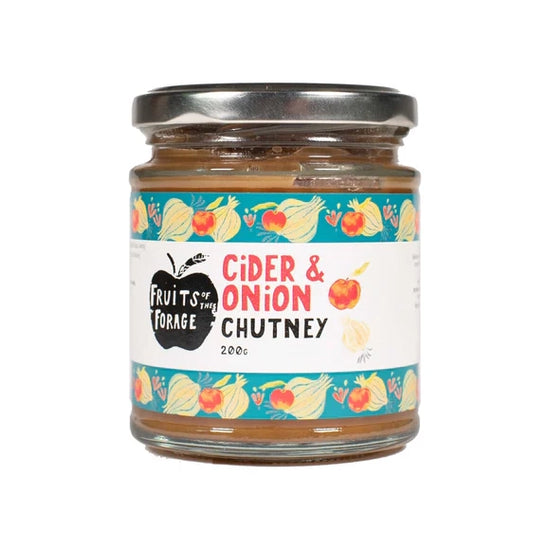 A glass jar of cider & onion chutney. The label includes the Fruits of the Forage logo and a drawing of apples and onions.