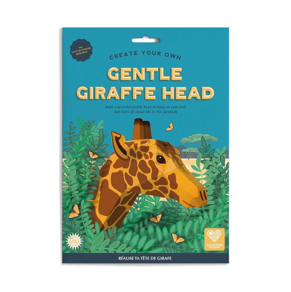 The front of the pack for the gentle giraffe head with the giraffe head poking out from between green leaves and yellow butterflies around it.