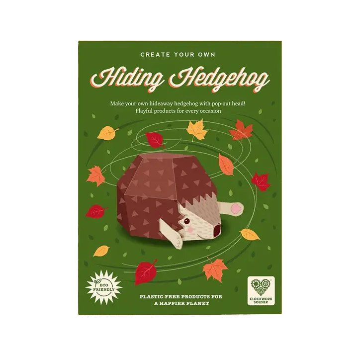 Front of the packaging the hiding hedgehog set comes in. It shows a graphic of the assembled hedgehog in the middle with autumnal leaves swirling around it on a green background.