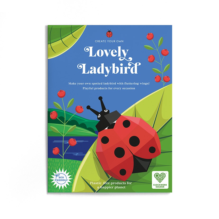 The front ofthe lovely ladybird pack with an illustration of the ladybird on a leaf in the bottom right and two reedy plants with red flowers. 