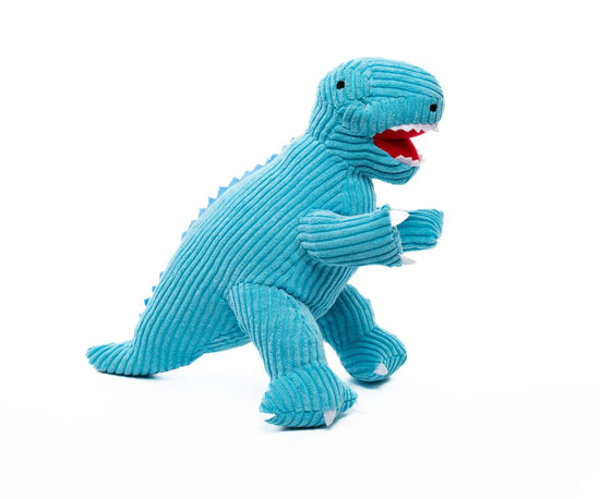 Single ice blue t rex corduroy plush seen in a side view.