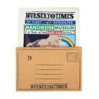 Front cover of a sensory crinkly cloth newspaper with information about Manchester Museum. It is placed inside a brown envelope. An illustration of an elephant skeleton at the centre.