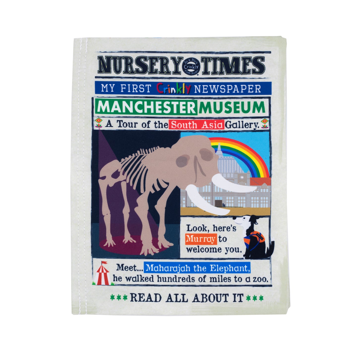 Front cover of a sensory crinkly cloth newspaper with information about Manchester Museum. An illustration of a mammoth skeleton at the centre.