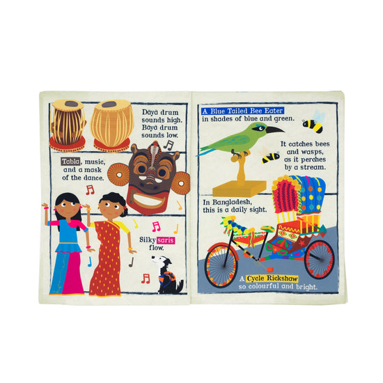Load image into Gallery viewer, Inside pages of a sensory crinkly cloth newsletter for babies - featuring illustrations of artefacts in Manchester Museum such as a Rickshaw, a Tabla mask and Doya drum.
