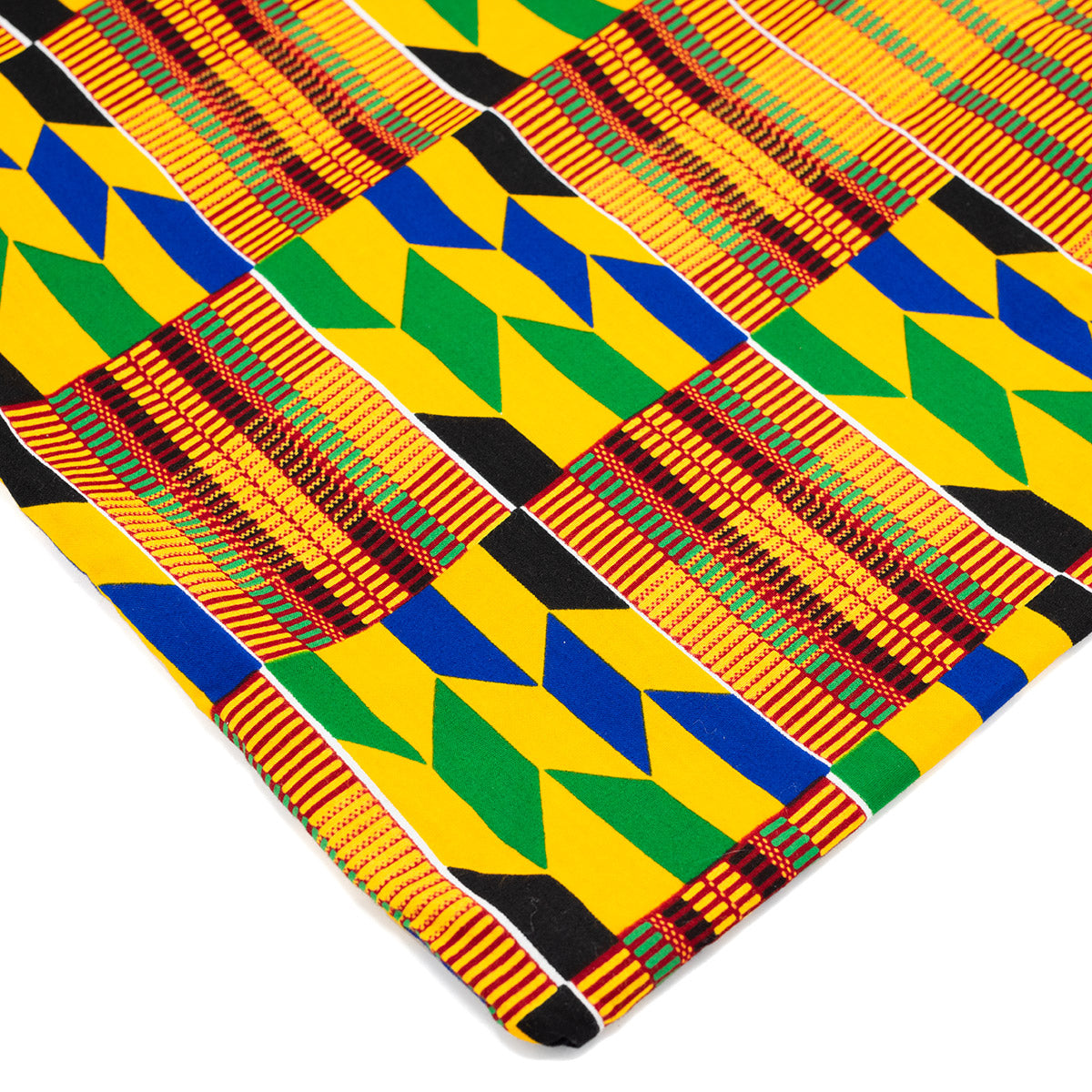 Close up of a yellow, orange, blue and green African wax print tote bag 