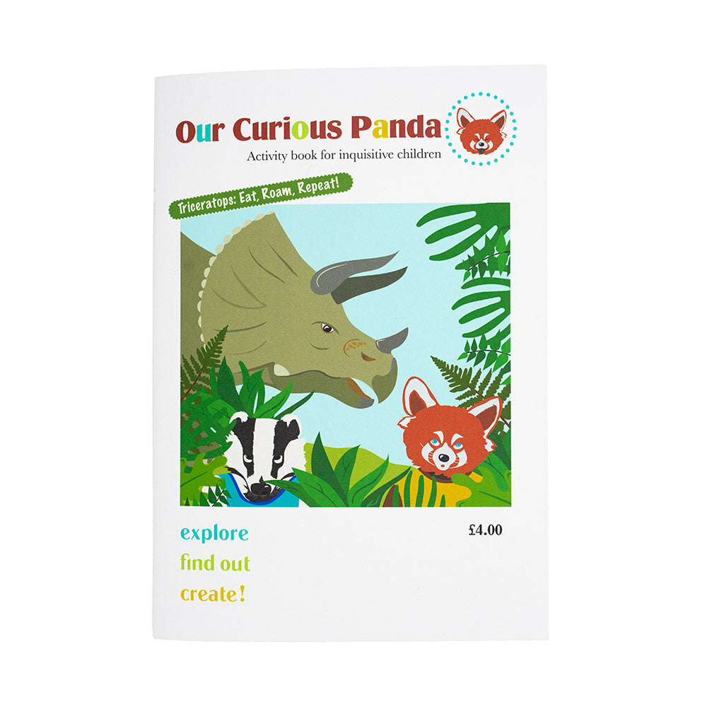 Front cover of kids magazine featuring an illustration of a Triceratops, fox and badger.