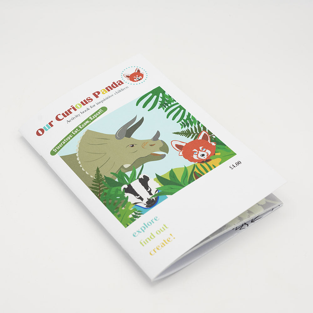 Children's activity book with animal illustrations on a white background