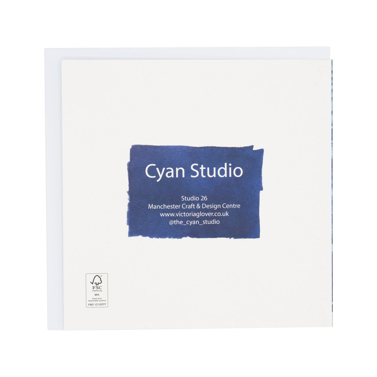 Back of Cyan Studio greetings card featuring their logo