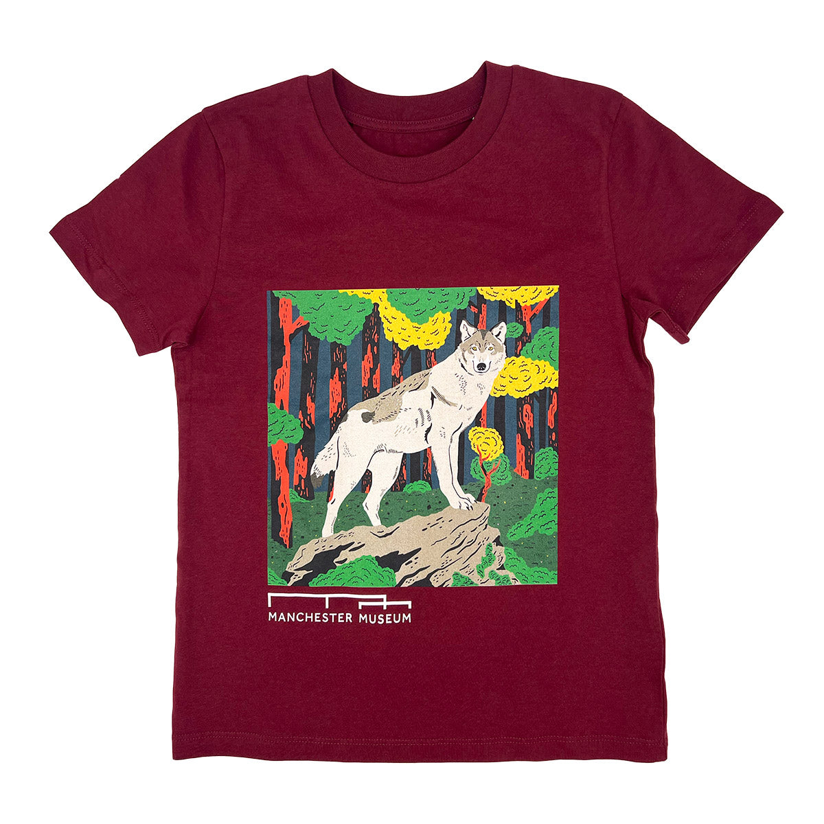 Maroon t-shirt on a white backdrop. T-shirt has an illustration of a wolf amongst trees on it.