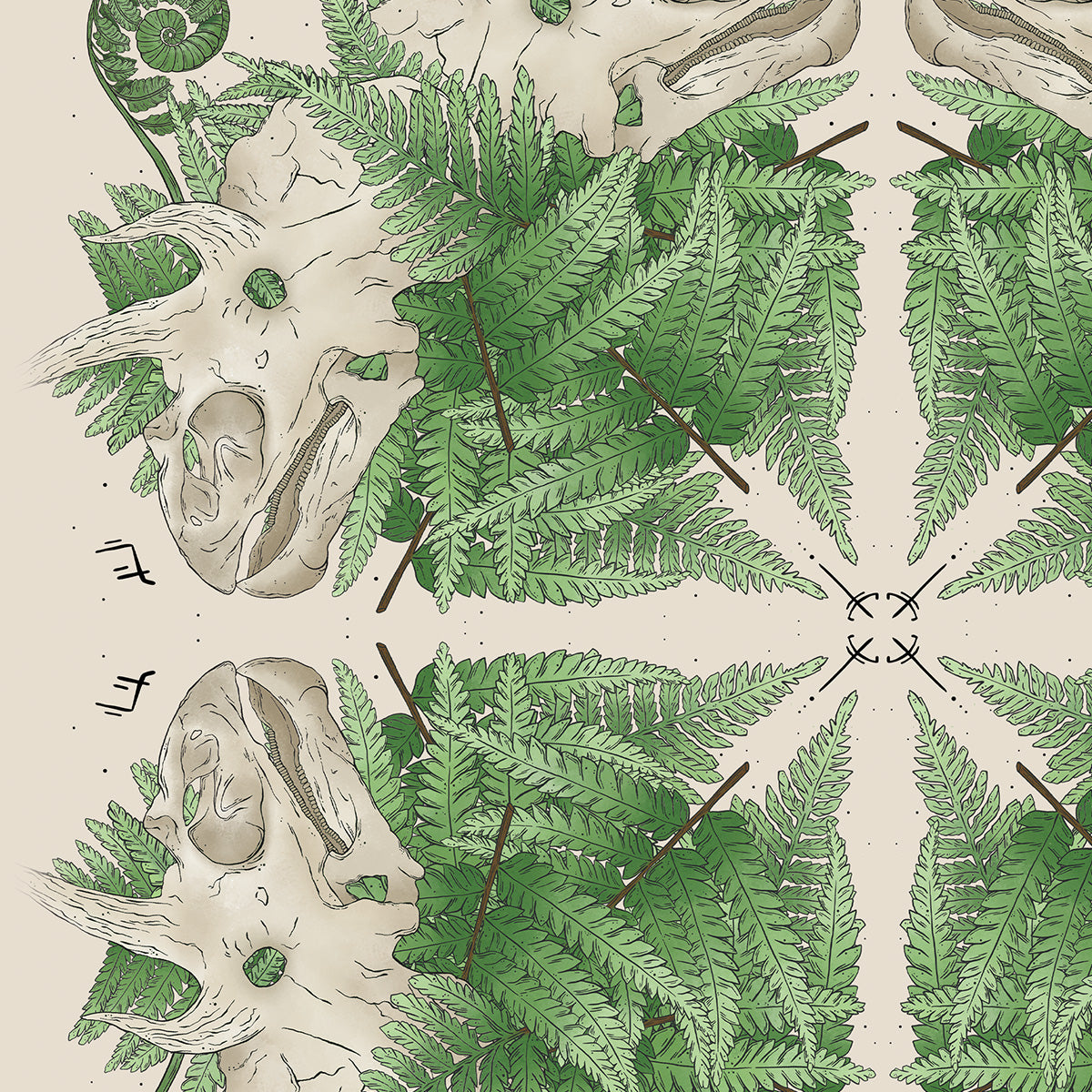 Close up of artwork with a pattern of green fern leaves and beige Triceratops skull on a beige background