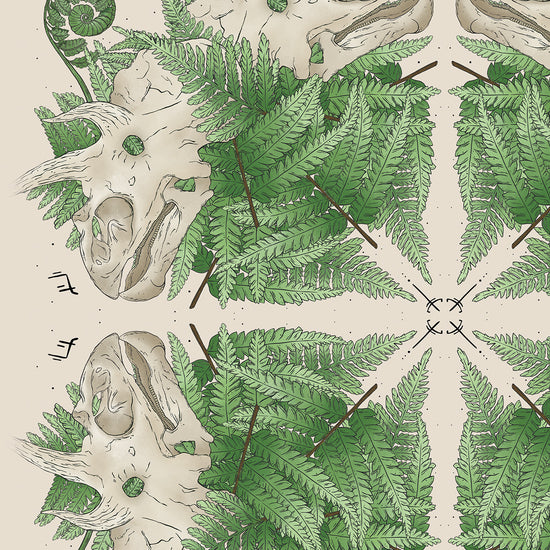 Close up of artwork with a pattern of green fern leaves and beige Triceratops skull on a beige background