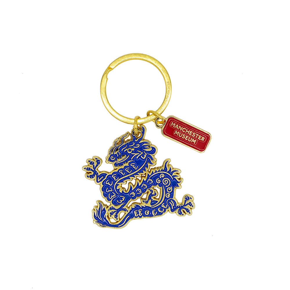 Key ring with a blue and gold dragon