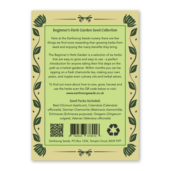 Yellow and green floral illustrated packaging for EarthSong seeds Beginner's Herb Garden. Back of packaging including information about the product.