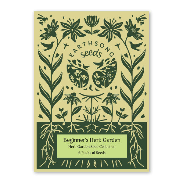 Yellow and green floral illustrated packaging for EarthSong seeds Beginner's Herb Garden.