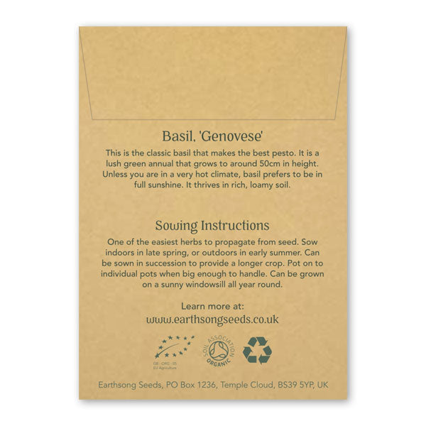 Back of card packaging of EarthSong Seeds. Includes information about Basil Genovese seeds.