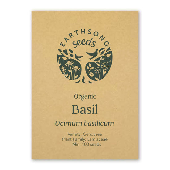 Card packaging for seeds. Includes the Earthsong Seeds logo featuring a tree and information about the product.