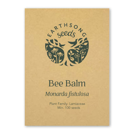 Card packaging for Earthsong Bee Balm seeds. Featuring Earthsong seeds logo featuring a tree.
