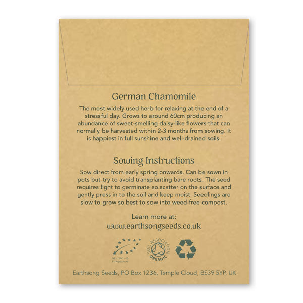 Reverse of card packaging for German Chamomile seeds, featuring information about the product.