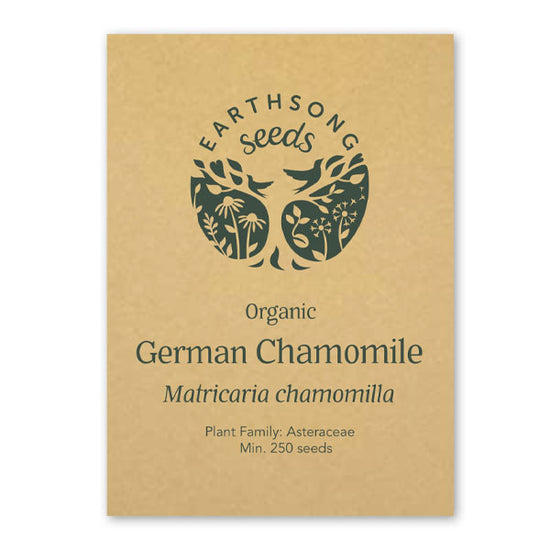Front card packaging for German Chamomile seeds, featuring Earthsong Seeds logo.