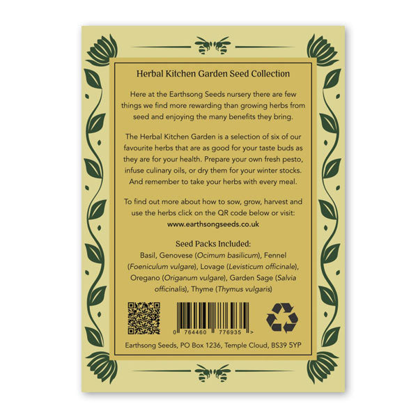 Light and dark green illustrated cover packaging for herbal seeds, featuring information about the product.