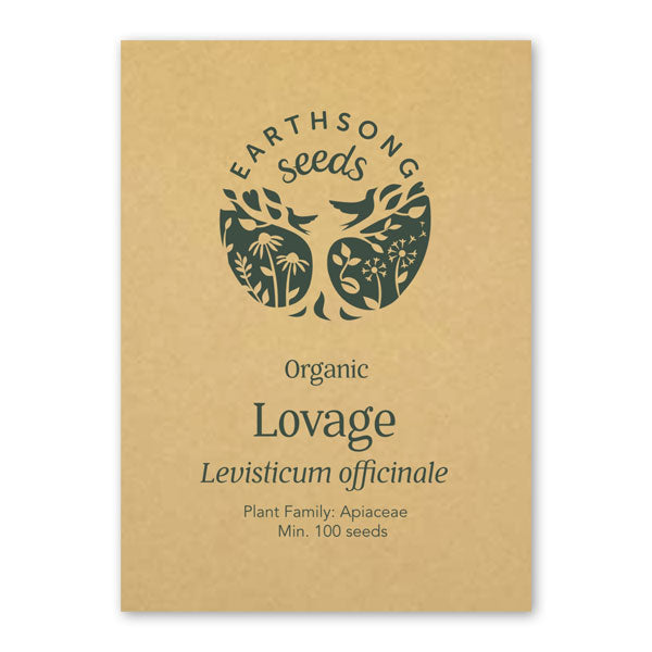 Front card packaging of Lovage seeds featuring Earthsong Seeds logo