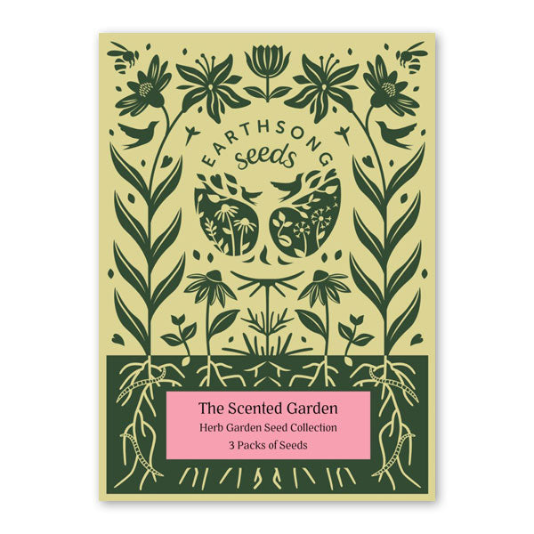 Green, pink and yellow floral illustrated packaging for a seed kit, featuring Earthsong Seeds Logo