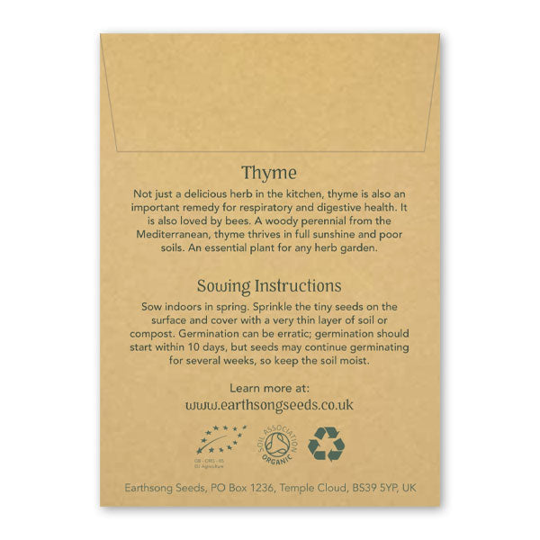 Back card packaging of Thyme seeds. Featuring information about the seeds.