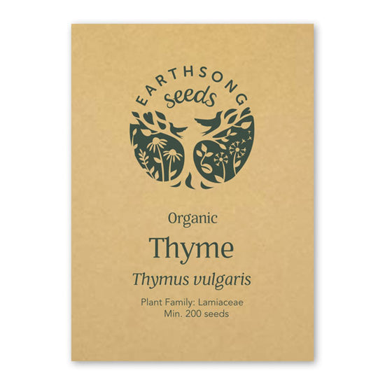 Front card packaging for Thyme seeds, featuring Earthsong Seeds logo.