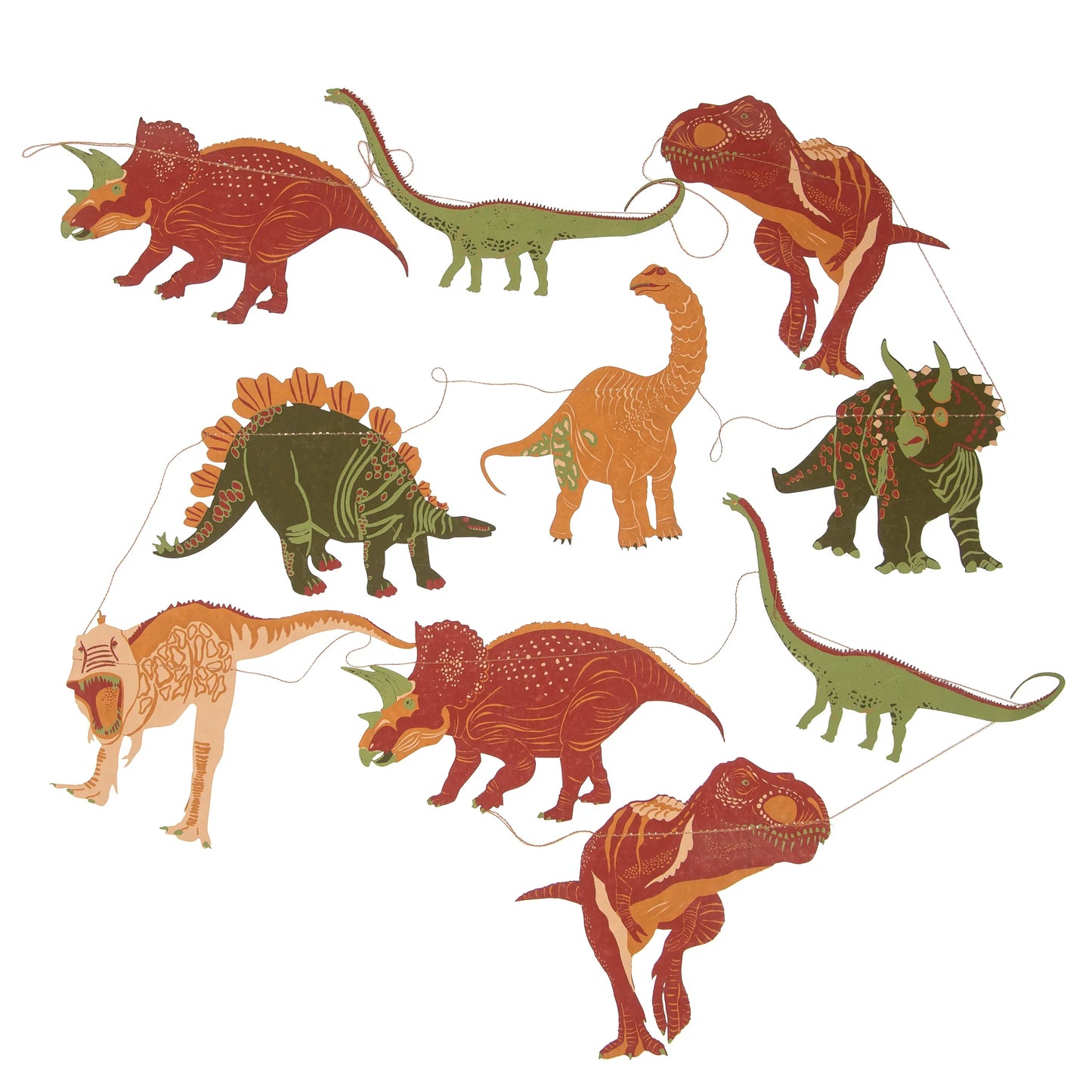 The paper garland against a white background and showcasing all ten dinosaurs.