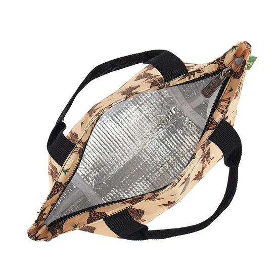 Load image into Gallery viewer, Top view of the insulated inside of the girrafe beige lunch bag showing the zipper and both the black straps.

