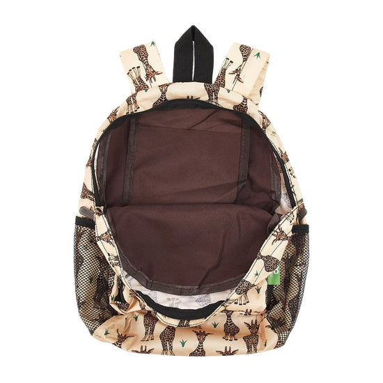 Load image into Gallery viewer, Front view of the beige girraffes backpack where it&amp;#39;s unzipped and showing the brown inside of the bag.
