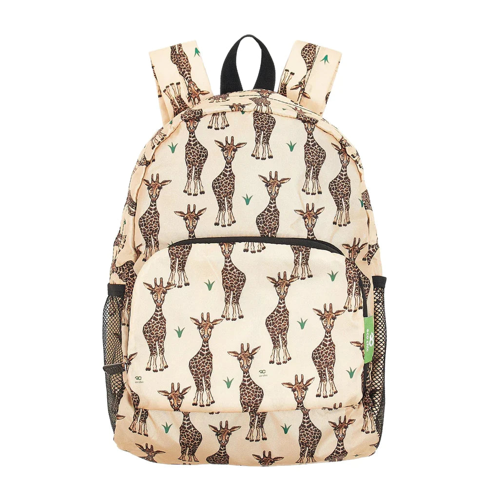 Load image into Gallery viewer, Front view of the mini packpack with the beige giraffes pattern. 
