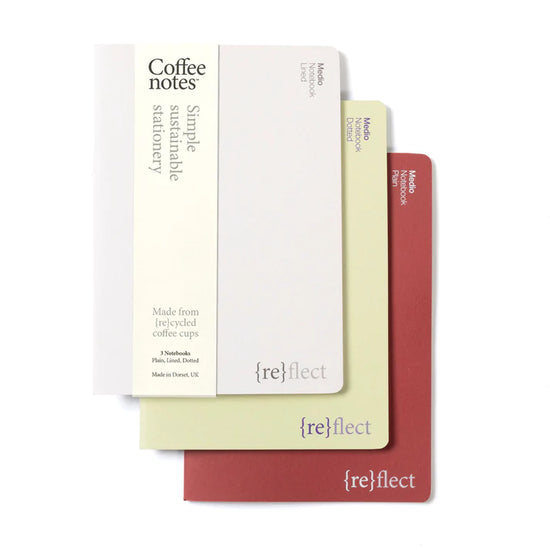 3 notebooks (one white, one yellow, one red) placed on top of each other in front of a white background. The top white notebook has a belly band with Coffee Notes branding on it.