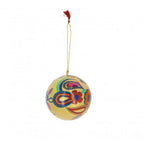 Gold bauble with paisley designs in various colours. Gold string with red tassel at the top. White background.